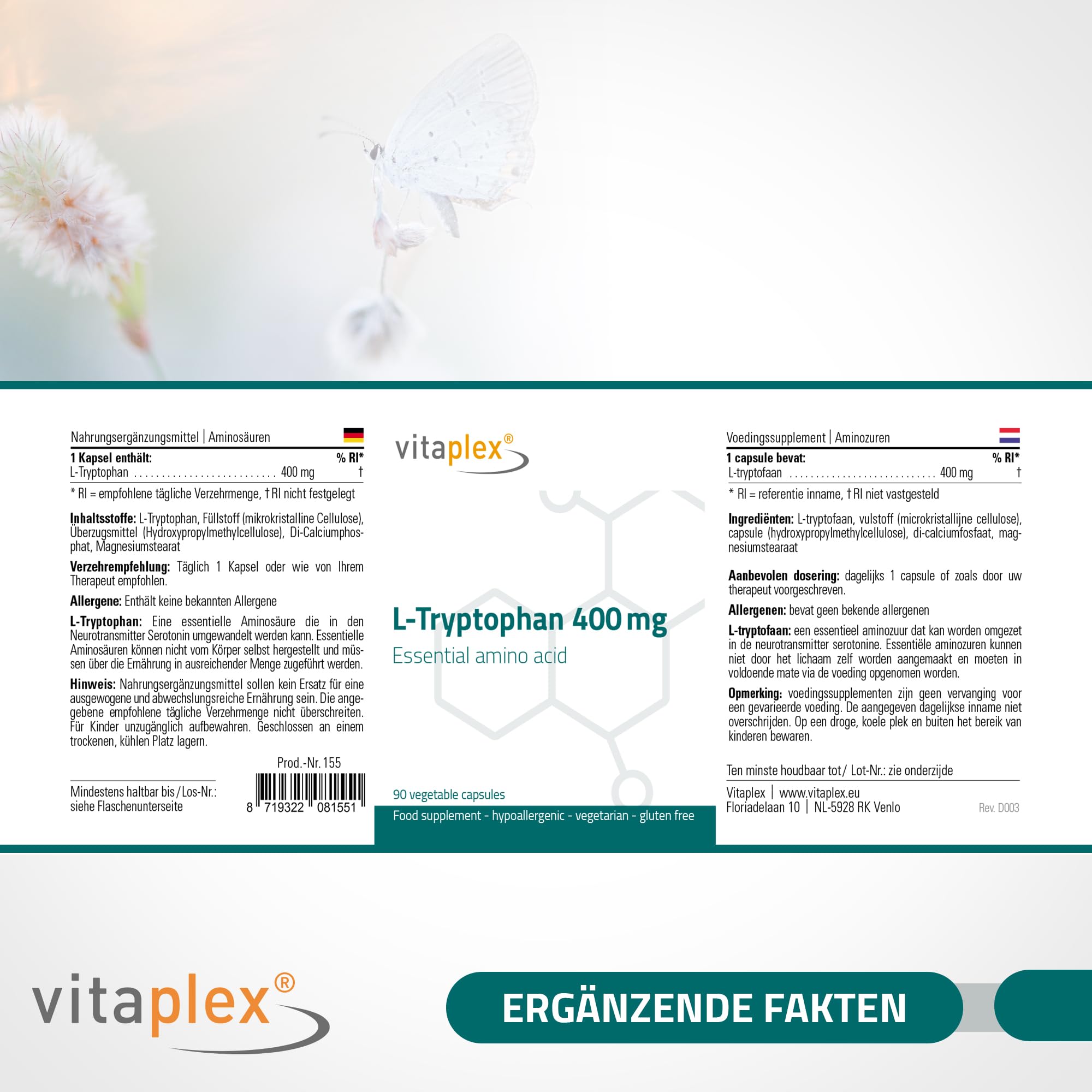 L-Tryptophan hochdosiert Kapseln (400 mg, 90 Tabletten) - L Tryptophan Aminosäuren Kapseln - vegan und vegetarisch