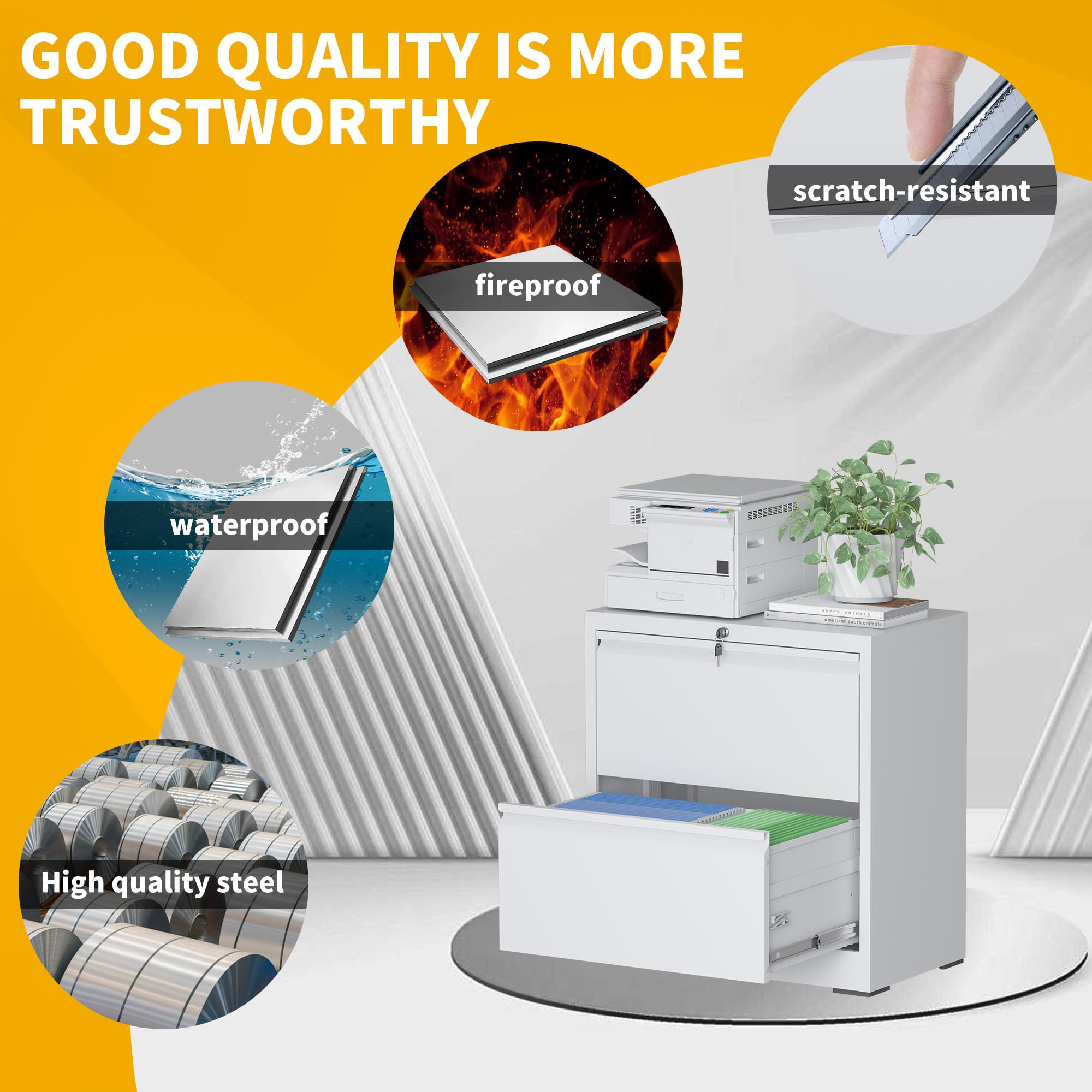 File Cabinet with Lock, 2 Drawer Filing Cabinets for Home Office, Metal Heavy Duty Lateral File Cabinet for Hanging Letter/Legal/F4/A4 Size Files, Assembly Required (White)