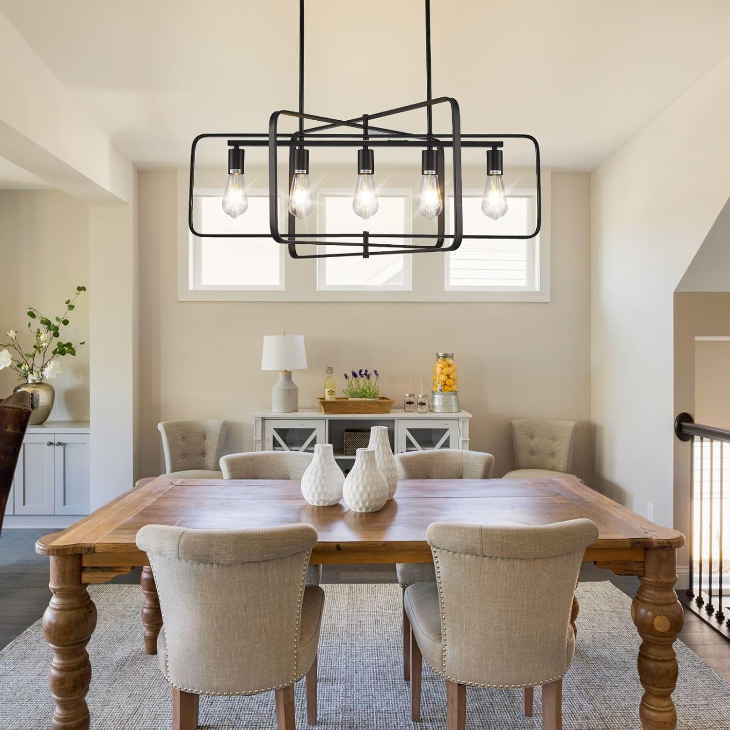 Dining Room Light Fixture/Chandelier Over Table,5-Light Kitchen Island Lighting Hanging for Farmhouse Linear Chandeliers Matte Black Rectangle Rustic Ceiling Pendant Light Fixtures, Height Adjustable