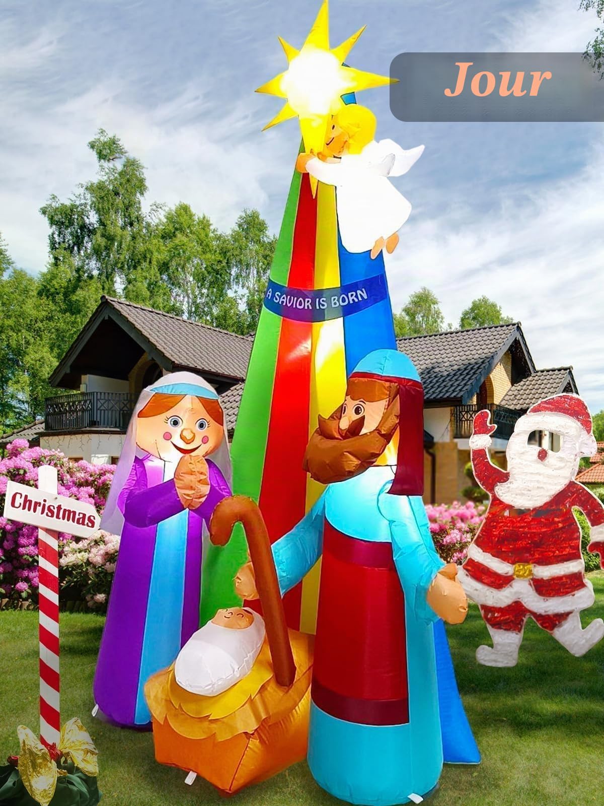 Kalolary Décoration Gonflable de Noël, D'épice Géante avec Lumières LED Intégrées pour Fête, Intérieur, Extérieur, Pelouse, Jardin (Crèche de Noël)