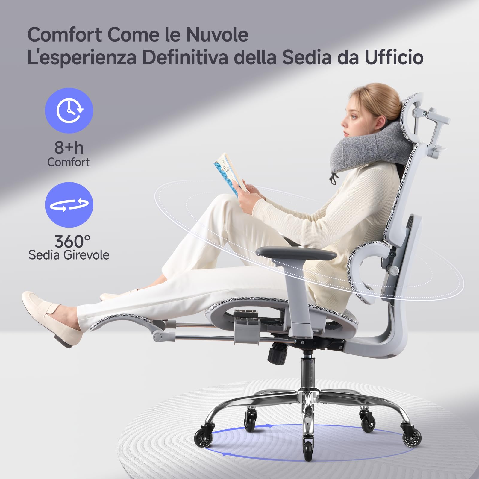 LarkLeaves Sedia Ufficio Ergonomica con Schienale Regolabile 5 Livelli/Supporto Lombare 2D per Ufficio/Casa/Gaming, Poggiatesta 3D + Cuscino Cervicale, Poggiapiedi Retrattile, Ruote Silentec, Grigio