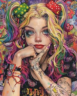 Paint by Number Clown Girl Cross-Dress DIY Painting Canvas with Brushes Acrylic Paints Girls Portrait with Graffiti Background Paint by Numbers for Adults and Kids Beginner 16x20 Inch(without Frame)