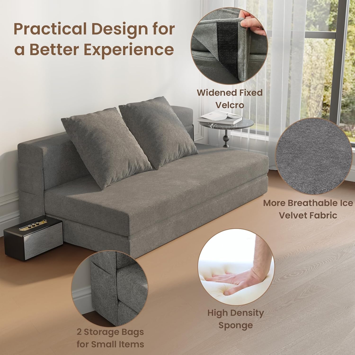 5-in-1 Convertible Folding Sofa Bed Sleeper Chair - Queen, Dark Grey | 60" Fold Out Chair Bed Futon Couch with Pillows, Foldable Floor Mattress for Living Room/Dorm/Guest Use/Home Office/Apartment