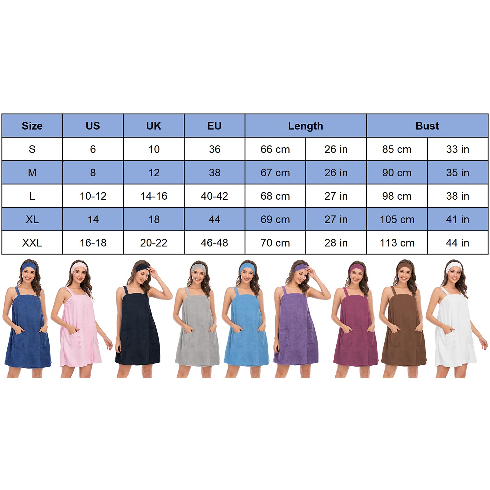 Femmes Robe Serviette de Bain Ajustable avec Bandeau pour Sauna Douche Spa & Plage Cover Ups Bleu Marine XXL