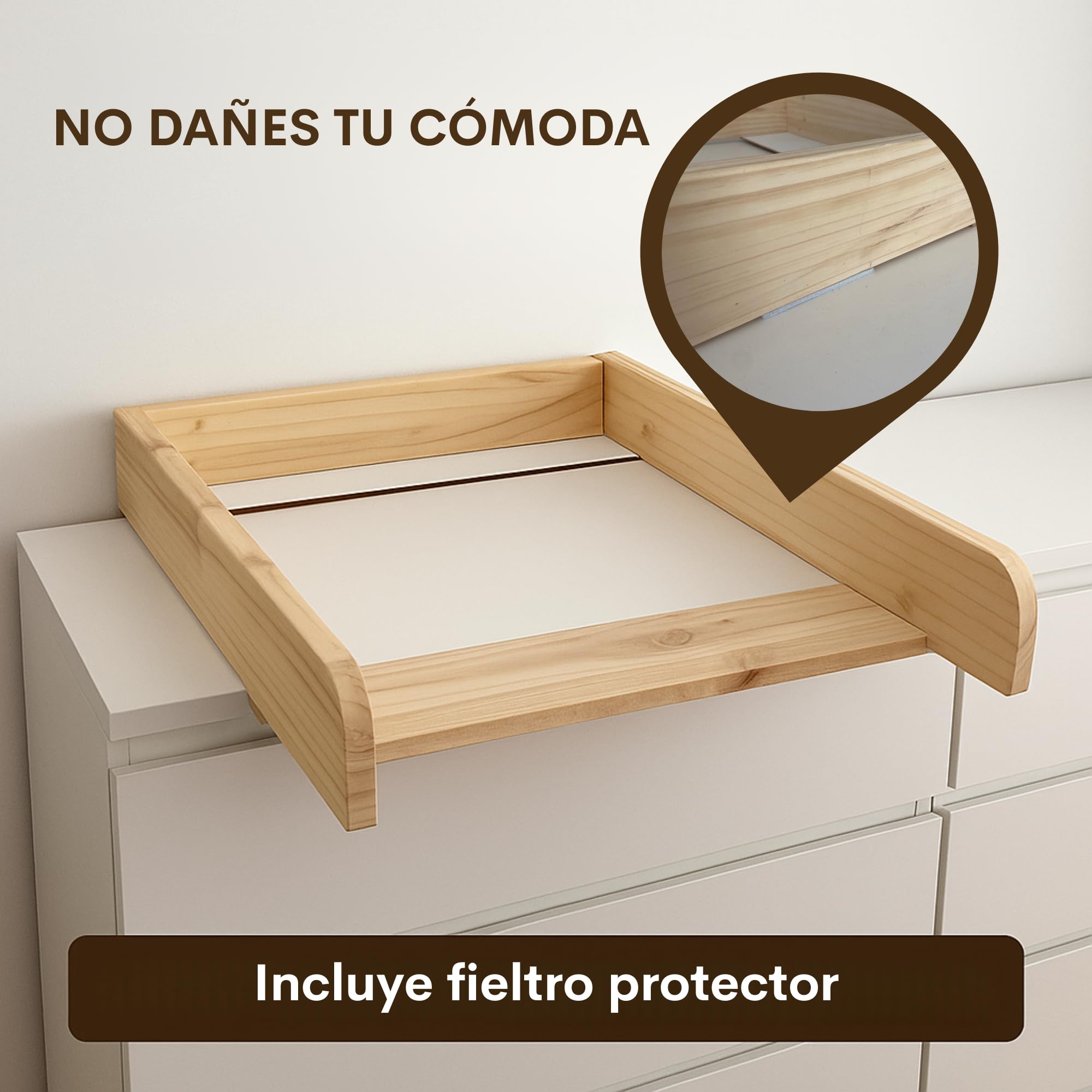 Cambiador bebé de Madera para Cómoda – Accesorio Compatible Hemnes y Malm – Bandeja Cambiador para bebé con Profundidad Ajustable 48 a 60 cm y Fieltros Antirayaduras