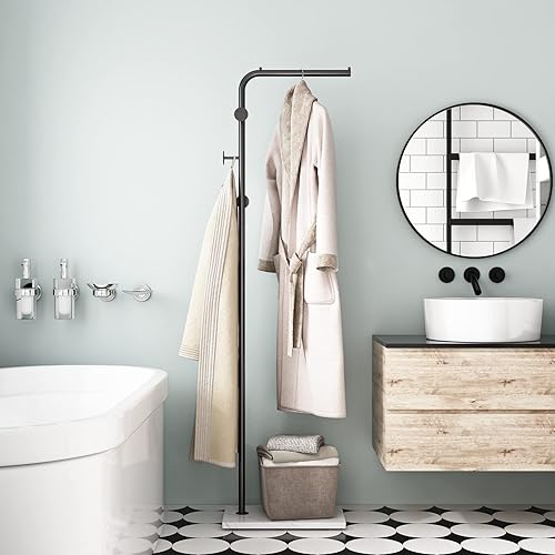 Miniatura 6 de Percheros de abrigos negros con base blanca, percheros de entrada independientes con 3 ganchos, colgador de abrigos en forma de L para chaquetas,