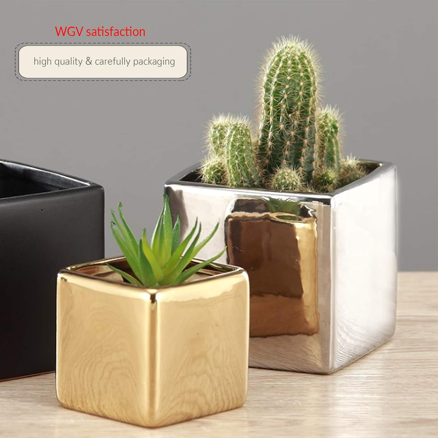 WGV Ceramic Cube Vase Width 6.5" Height 6" (Fits 6" Pot) Elegant Modern Block Square Floral Planter Terrarium Container Table Dresser for Event Accent Home Office Decor Silver 1 Piece