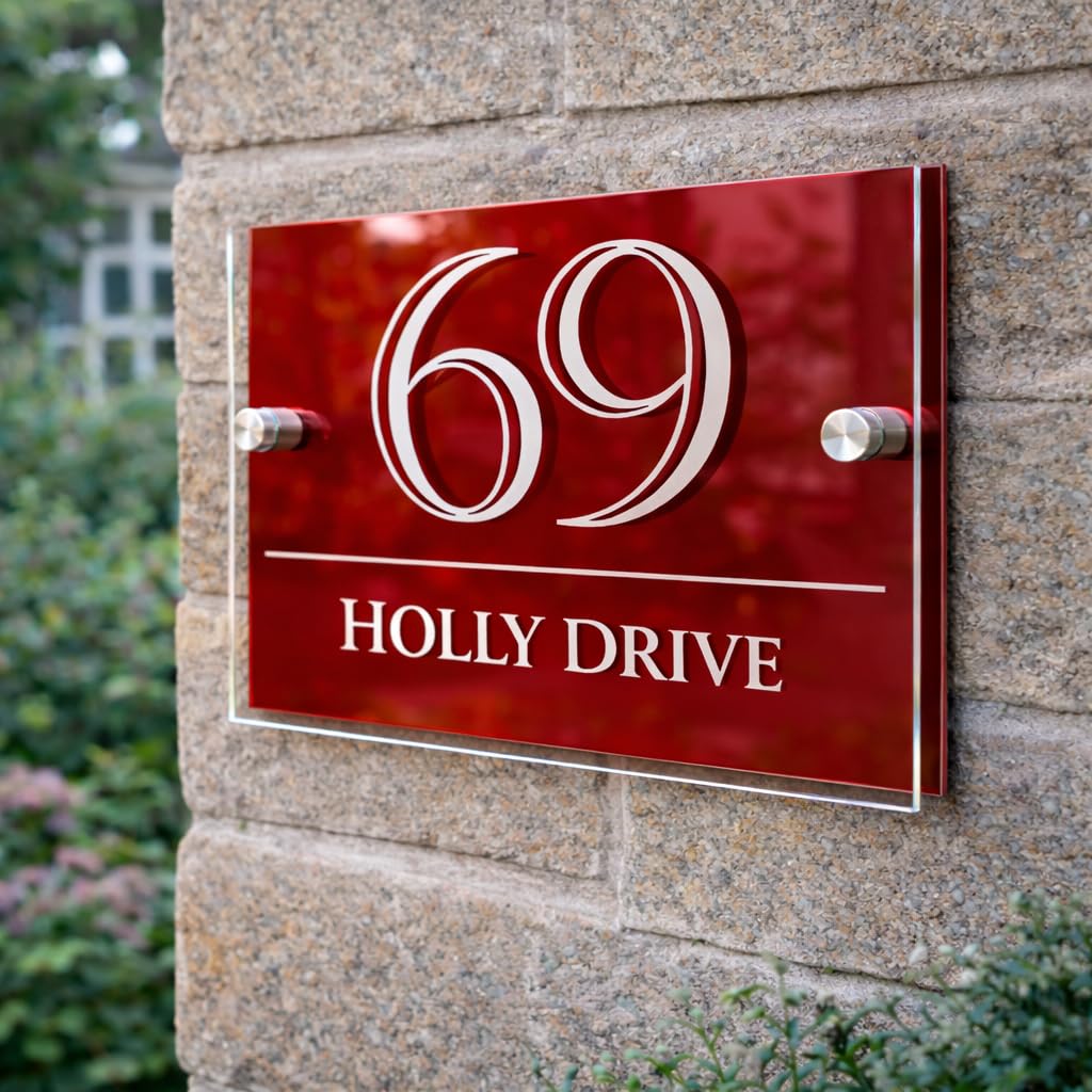 Personalised House Numbers Plaques by Blitz Craft | Glass Effect Acrylic and Red Mirrored Finish | Custom Address Text with Door Numbers for Outside, Weatherproof Design with Fixings (200x130mm)