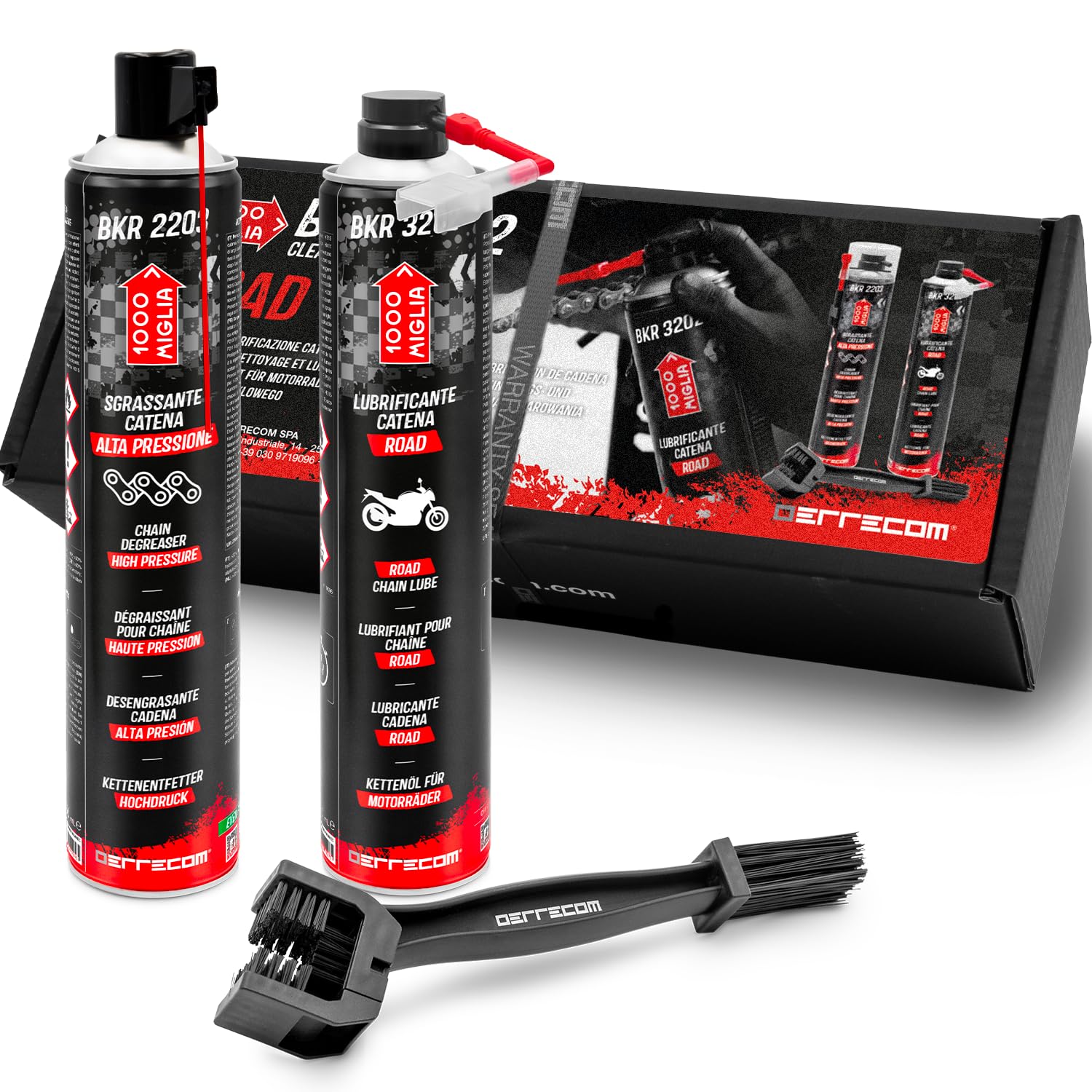 ERRECOM 1000 Miglia Clean&Lube ROAD Motorcycle Chain Kit; includes High-Pressure Chain Degreaser Spray 750ml+Off-Road Motorcycle Chain Lubricant 750ml+Huggie System and 90°Connector+Brush+Gloves