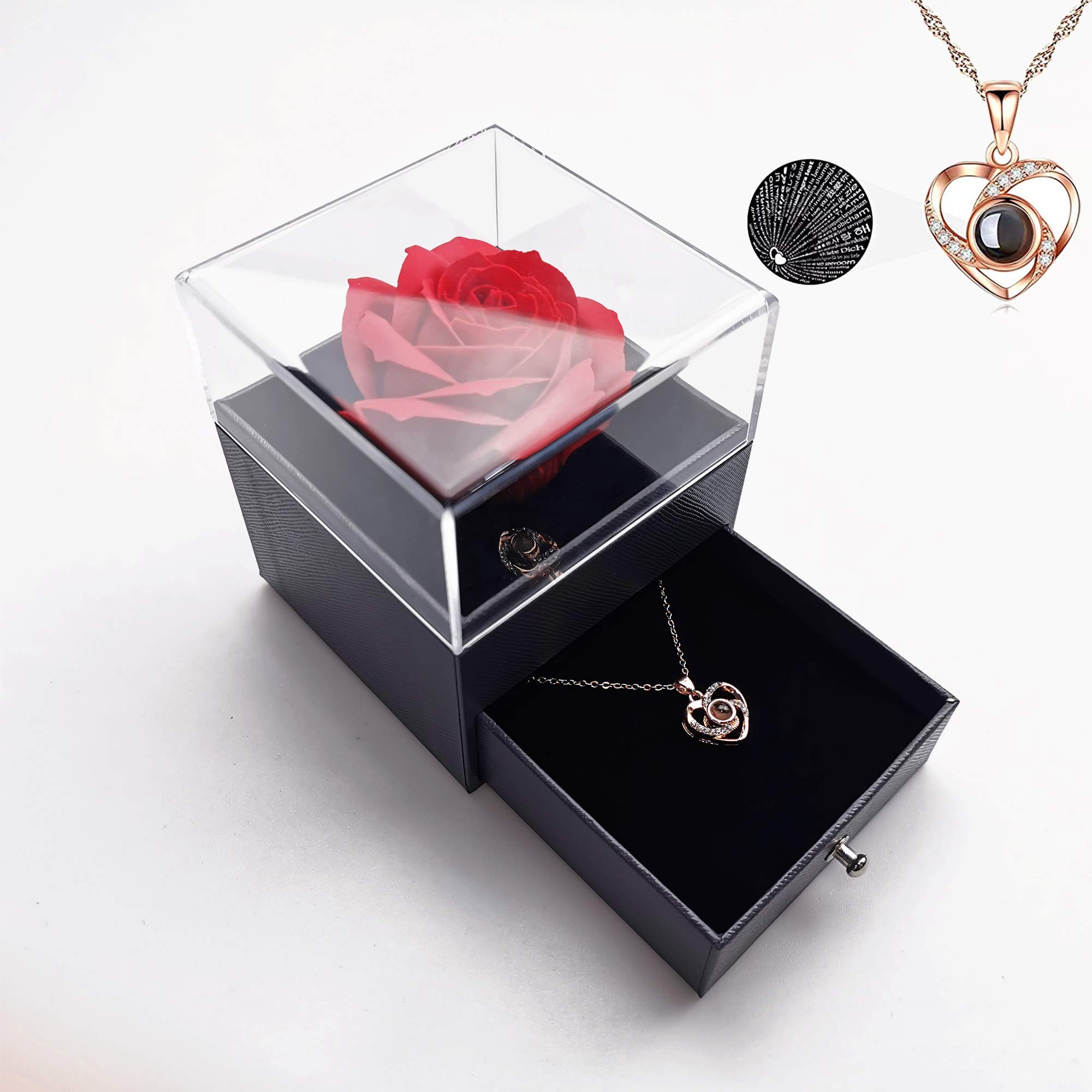Handmade Preserved Rose Gift Box with Forever Rose and Love You Necklace in 100 Languages, Enchanted Flower Gift for Girlfriend Mother Wife on Anniversary Valentine's Day Mother's Day Christmas Day