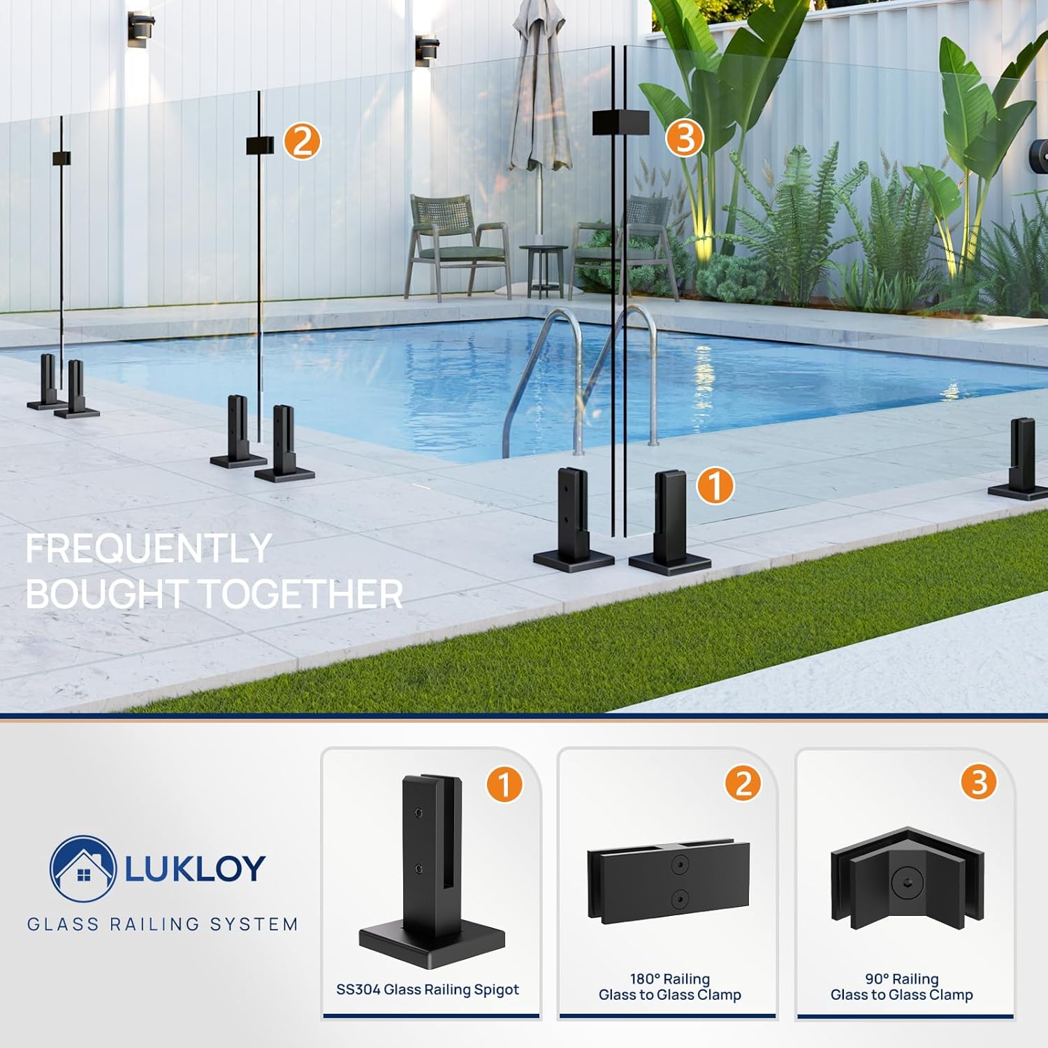 LukLoy 2 Pack Designed for 10mm Glass Railing, N.W 3lb Heavy Duty Glass Railing Spigot SS304 Clamp Brackets for Balustrade Stairs Railing Pool Balcony with Outdoor Powder Coating - Level 3