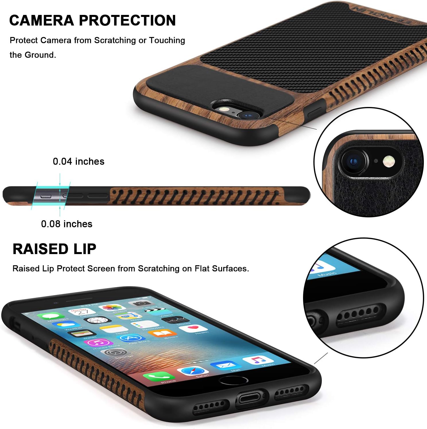 TENDLIN Compatible with iPhone SE 2022 Case (3rd Gen)/iPhone SE 2020 Case (2rd Gen)/iPhone 8 Case/iPhone 7 Case Wood Grain with Carbon Fiber Texture Design Leather Hybrid Slim Case Black