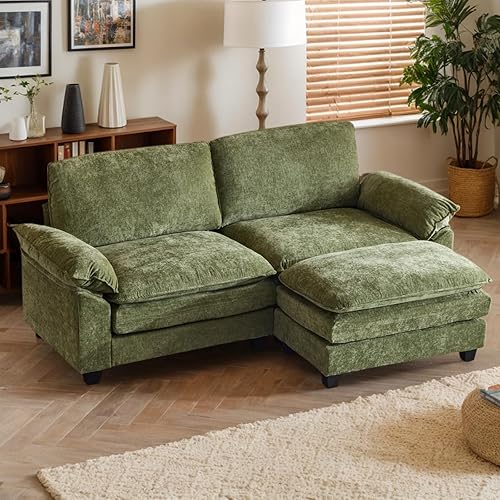 Karl home Sectional Sofa Modular Deep Seat Sofa Couch with Ottoman, Chenille Sofa Sleeper Comfy Upholstered Furniture for Living Room, Apartment, Studio, Office, (2-Seat & 1-Ottoman, Green)