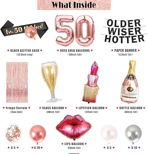 Miniatura 2 de PartyForever Decoraciones de cumpleaños número 50 para mujer, suministros de oro rosa, juego grande que incluye pancarta de Older Wiser Hotter y