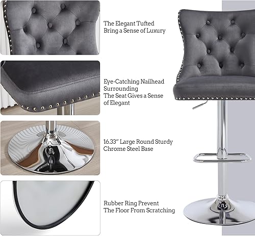 Miniatura 99 de Juego de 4 taburetes de bar giratorios ajustables de terciopelo con respaldo copetudo, ribete de cabezas de clavos y anillo de tracción, sillas de