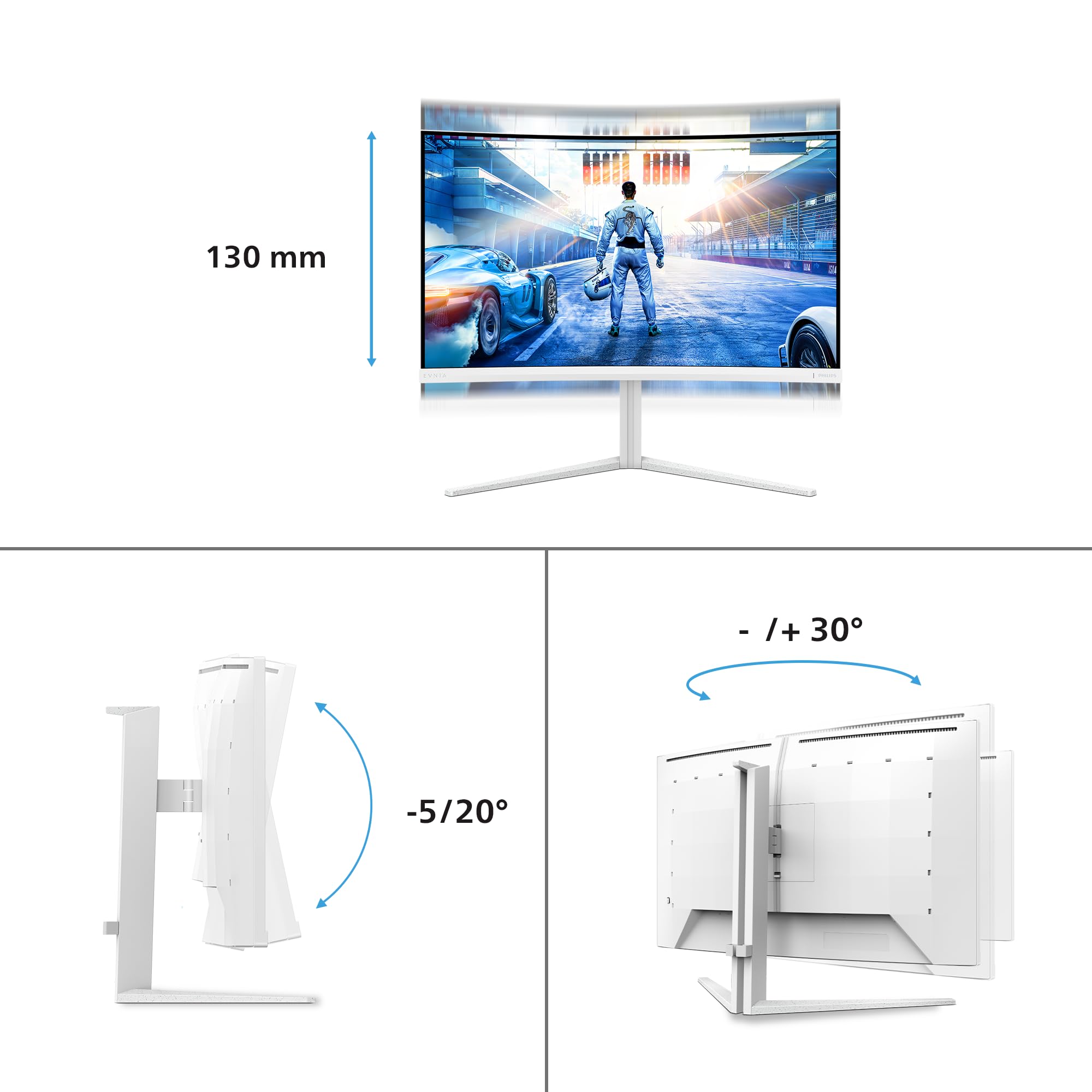 Philips Gaming Monitor 32M2C5501 31.5 pollici, Curvo, 2560x1440, WQHD, 180Hz, Fast VA Panel, 0.5ms MPRT, , (HDMI2x 2.0 DP 1x 1.4) Adaptive Sync, HDR10, FreeSync, Bianco
