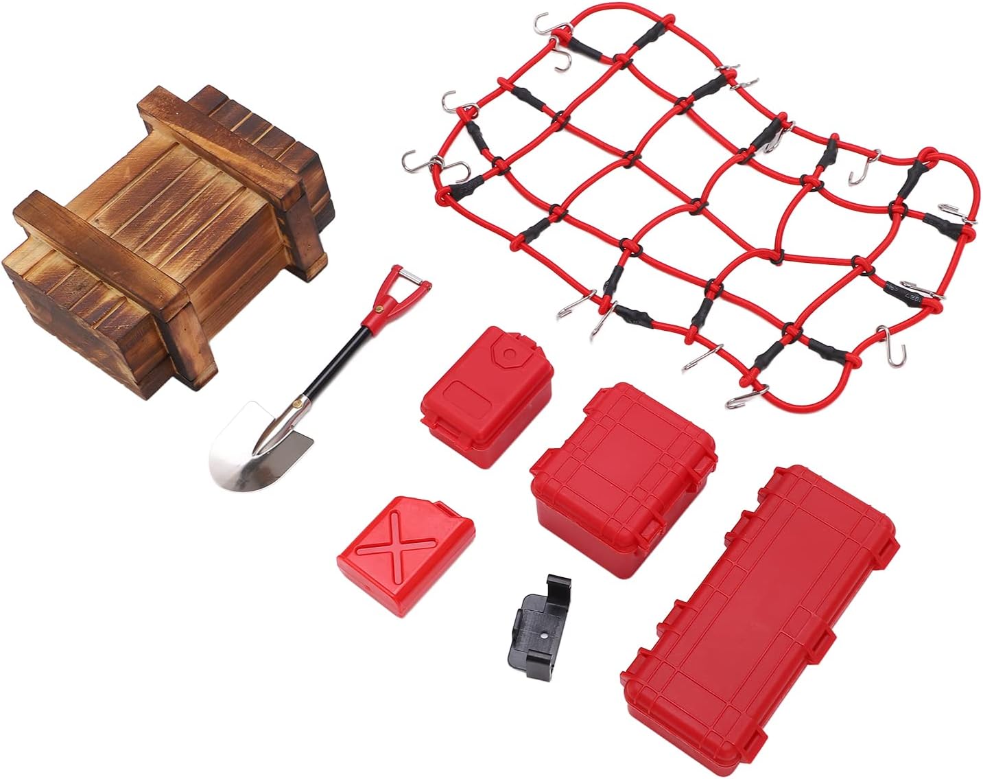 1/10 RC Car Simulated Decoration Tools Suitcase Luggage Net Shovel Set Premium Plastic Wood Aluminum Alloy Accessories for SCX10 90046 90047 Climbing Car (Red)