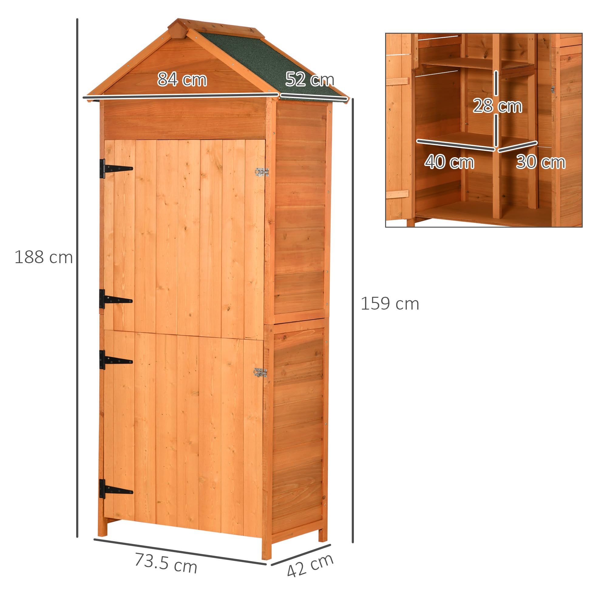 Outsunny Casetta da Giardino in Legno 2 Ante Armadio da Esterno 3 Ripiani 84x52x188cm