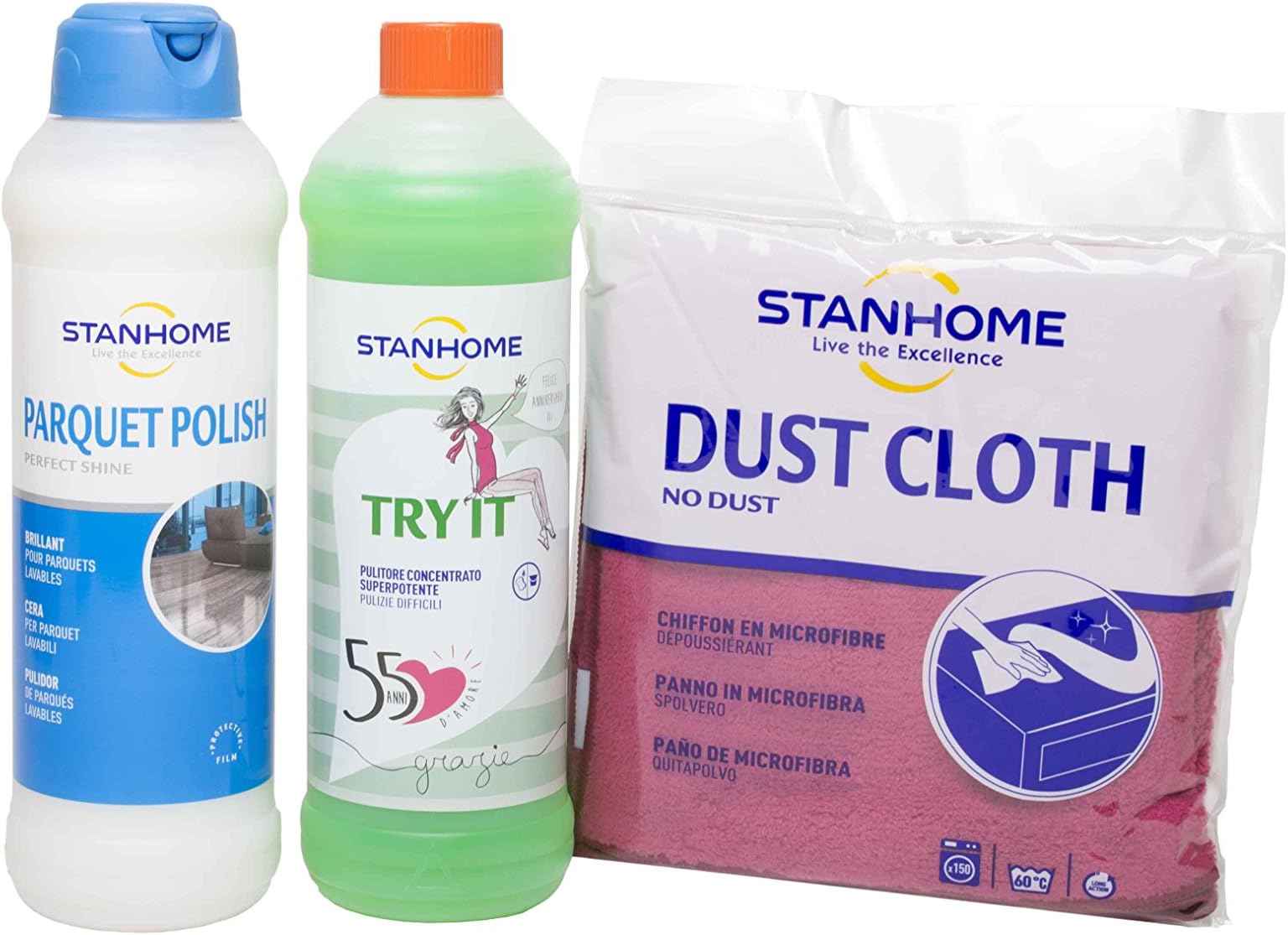 STANHOME Offer Set - Parquet polish 1 liter+ Ty-it 1 liter + Dust Cloth Free parquet detergent, heavy cleaning detergent, microfibre cloth, floor detergent, antibacteric additive