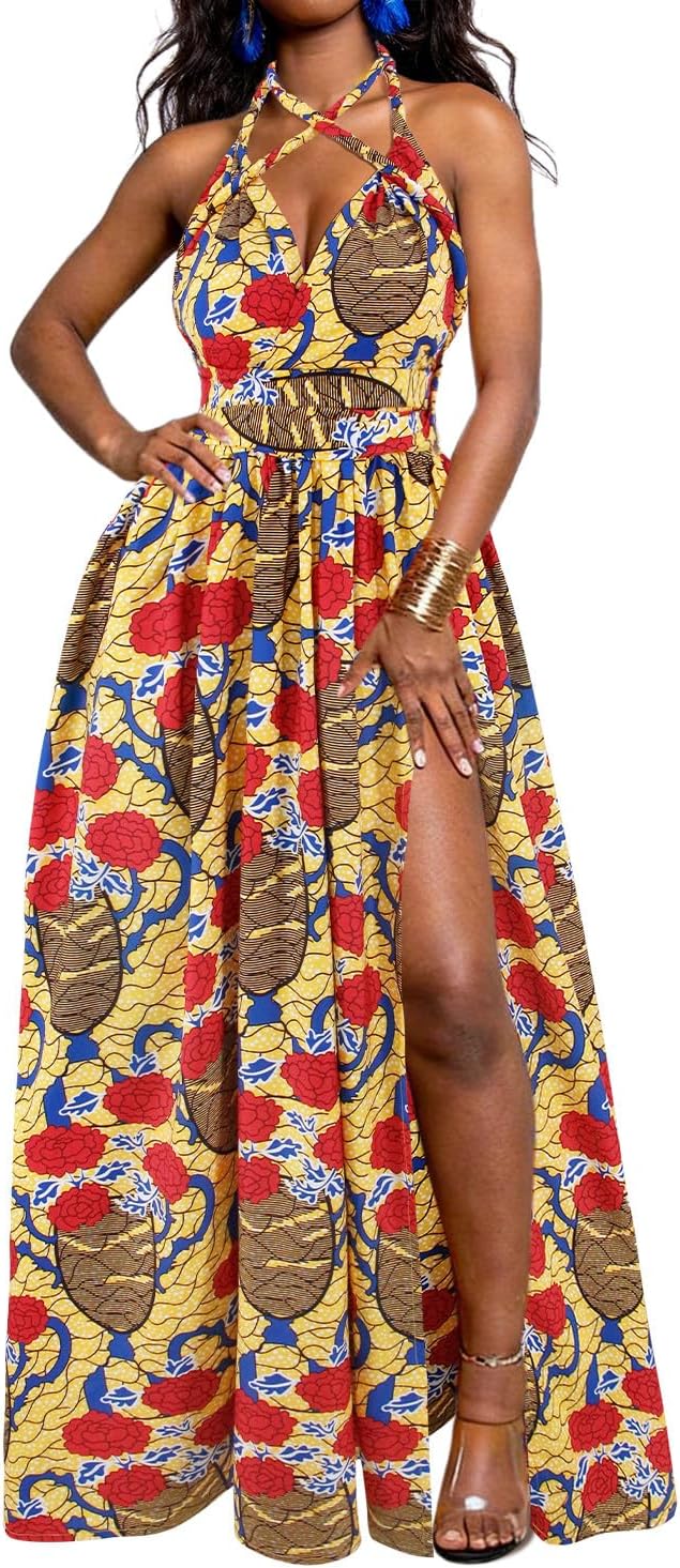 Vimoisa Women Sexy Boho African Long Maxi Dress V-Neck Multi-Way Pleated Floral Print Dresses