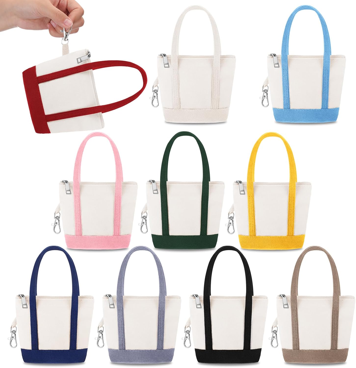 Kenning 10 Pcs Mini Canvas Tote Bags Keychain with Zipper 6.3" x 4.7" x 2" Small Tote Keychain Pouch Charm Cute Mini Cosmetic Handbag Purse with Metal Clip for Women Teacher Nurse Mom Colleague