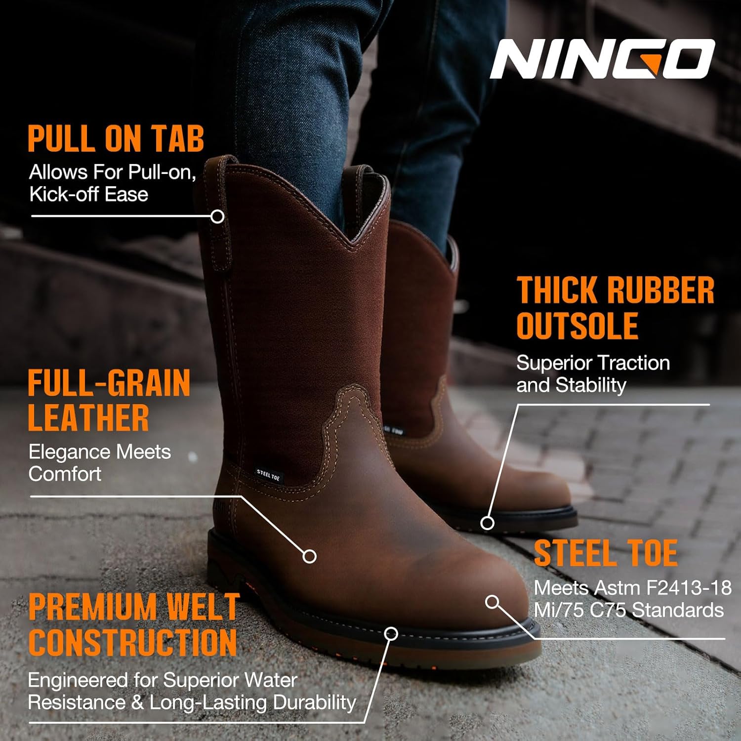 NINGO Men's Steel Toe Work Boots, Waterproof Wellington Boots with Full Grain Leather, Pull-On Design Non Slip Work Shoes, EH Protection for Industrial, Agriculture - Image 3