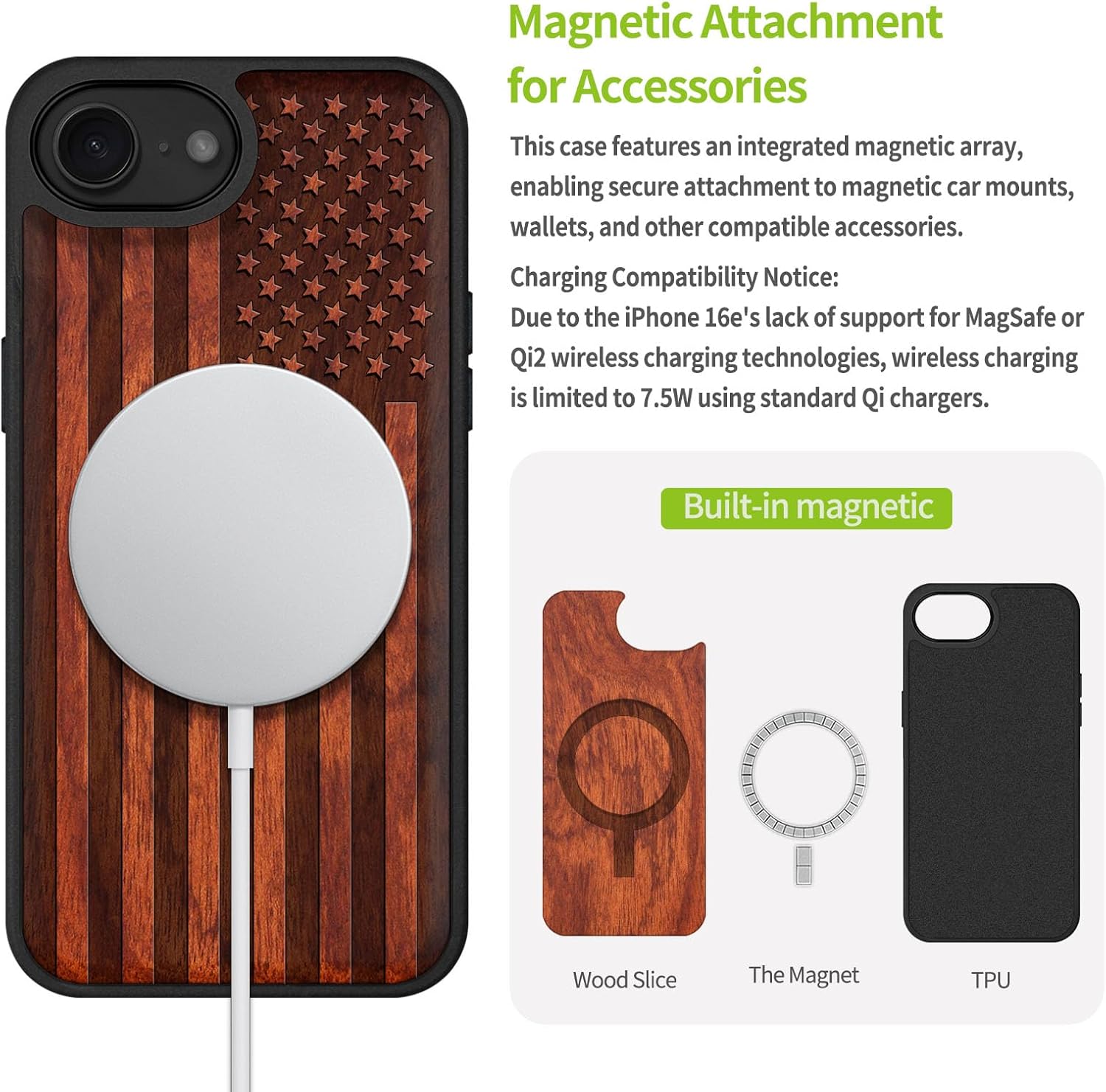 Carveit Magnetic Wooden Case for iPhone 16e 2025, Solid Wood & Black TPU, Artisan Engraved Design, Shockproof Cover, Compatible with MagSafe Wireless Chargers, American Flag - Rosy - Image 4