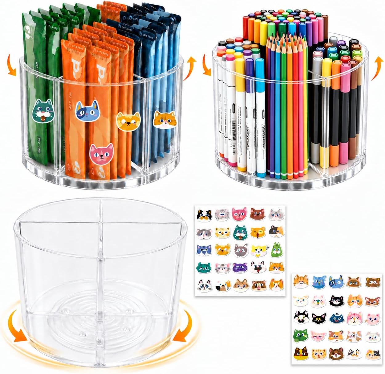 Rotating Lazy Susan Squeeze Up Cat Treat Container & Makeup Brush Holder