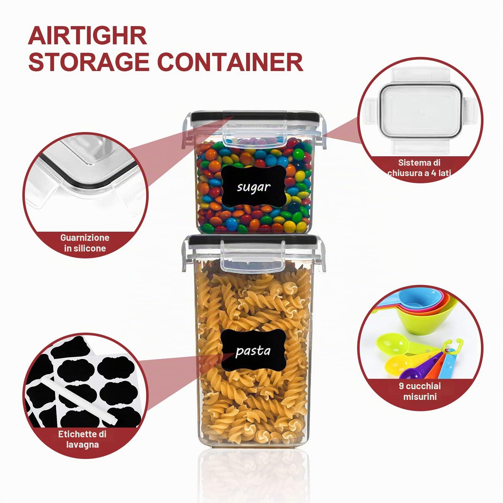 Contenitori Ermetici per Alimenti e Cereali, Set 16 Pezzi, 4 Taglie, Senza BPA, per Pasta, Farina, Zucchero, in Plastica con Coperchio e Etichette, Cucchiaio