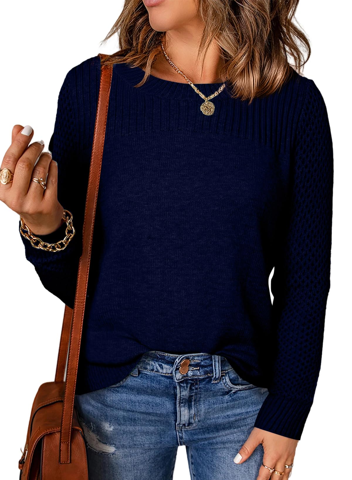 EVALESS Womens Sweaters Casual Long Sleeve Crewneck Cable Knit Lightweight Oversized Crochet Sweater Pullover Tops