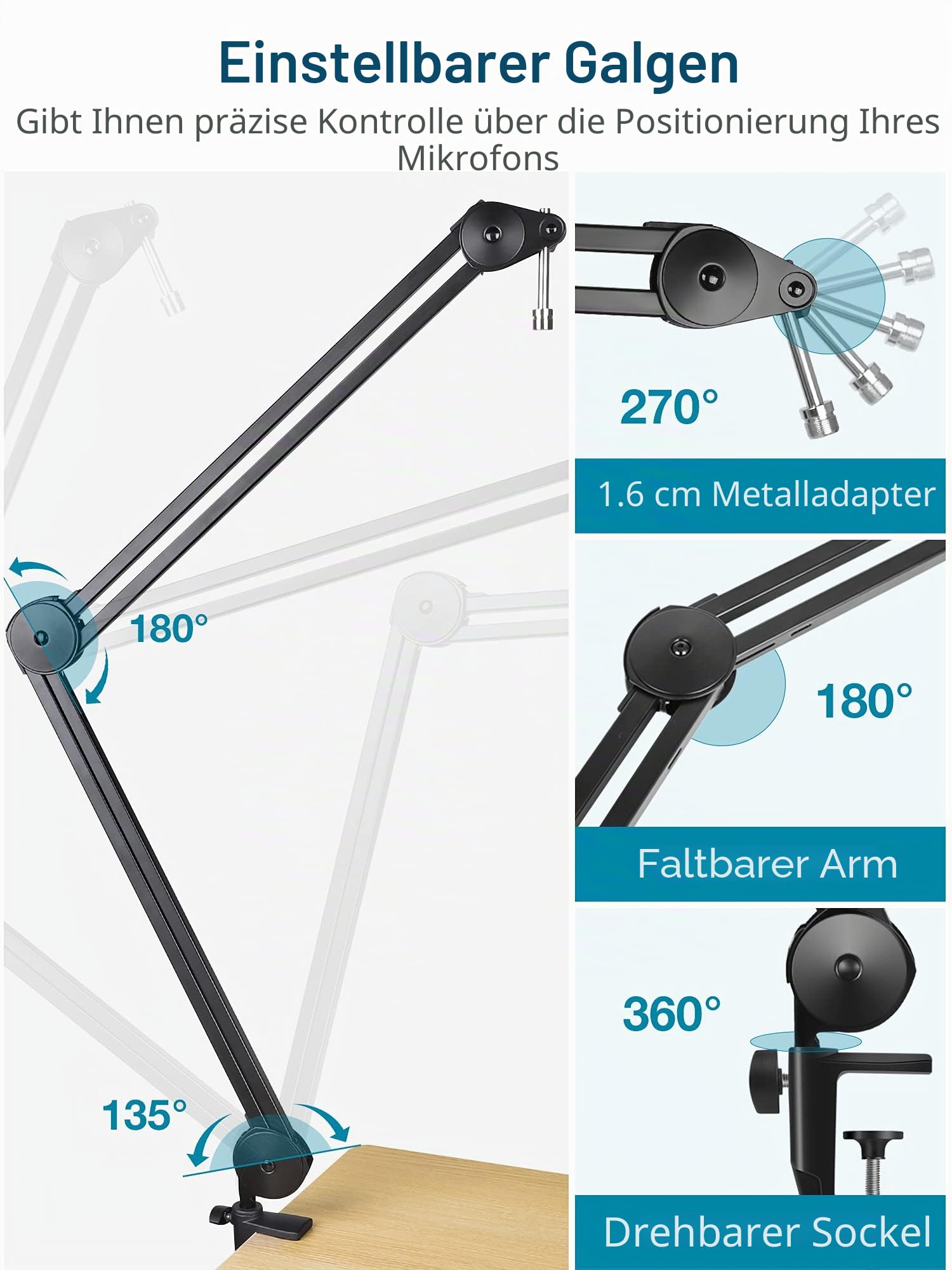 InnoGear Mikrofonarm Tischhalterung Mikrofonständer Galgenarm für Blue Yeti, groß | Leise, professionell, 1,6 kg Tragkraft, passend für Fifine, 71,1 cm ausziehbar, für schwere Mikrofone, verstellbare Winkel
