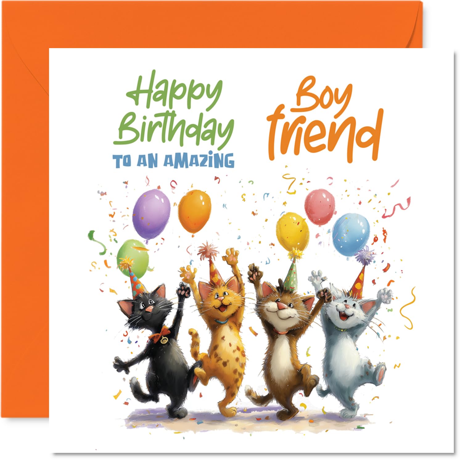 Playful Birthday Card for Boyfriend - Four Party-loving Cats with Balloons - Vibrant and Cheeky Birthday Scene - Sure to Brighten His Special Day - 145mm Square, Envelope Included