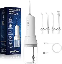 Irrigador Dental Portatil 300ML, 4 Modos de Jato, 4 Bicos, Limpeza Profunda dos Dentes e Gengivas, Elétrico, Recarregável, À Prova d’Água IPX7 (Branco)