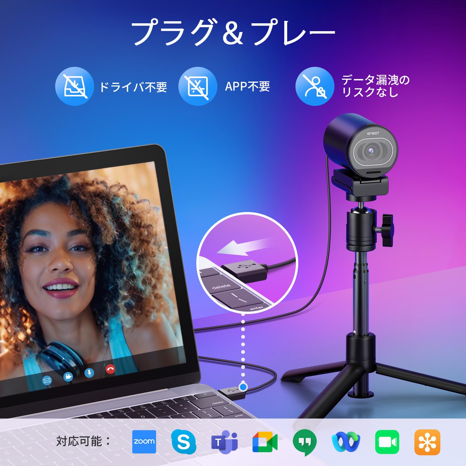 EMEET S600 4K WEBカメラ 三脚＆ボールジョイント付き 800万画素