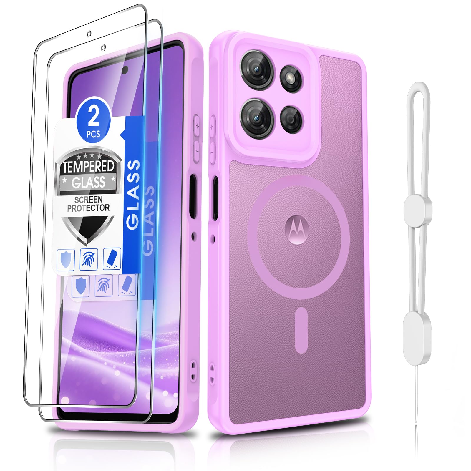Dizn Magnetic for Moto G Power 2025/2026 Case with Tempered Glass Screen Protector,Compatible with MagSafe Wireless Charging,with Strap,Matte Translucent Funda for Motorola G Power 25/26, Pink