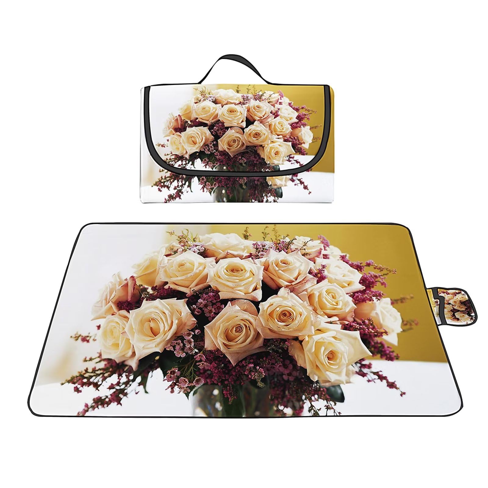 Couverture Pique-nique Imperméable 150x200cm,Couverture Plage Extérieure XXL Tapis de Plage,Vase de roses roses Camping Couverture étanche Pique-nique avec Poignée pour Camping Randonnée Parc Plage