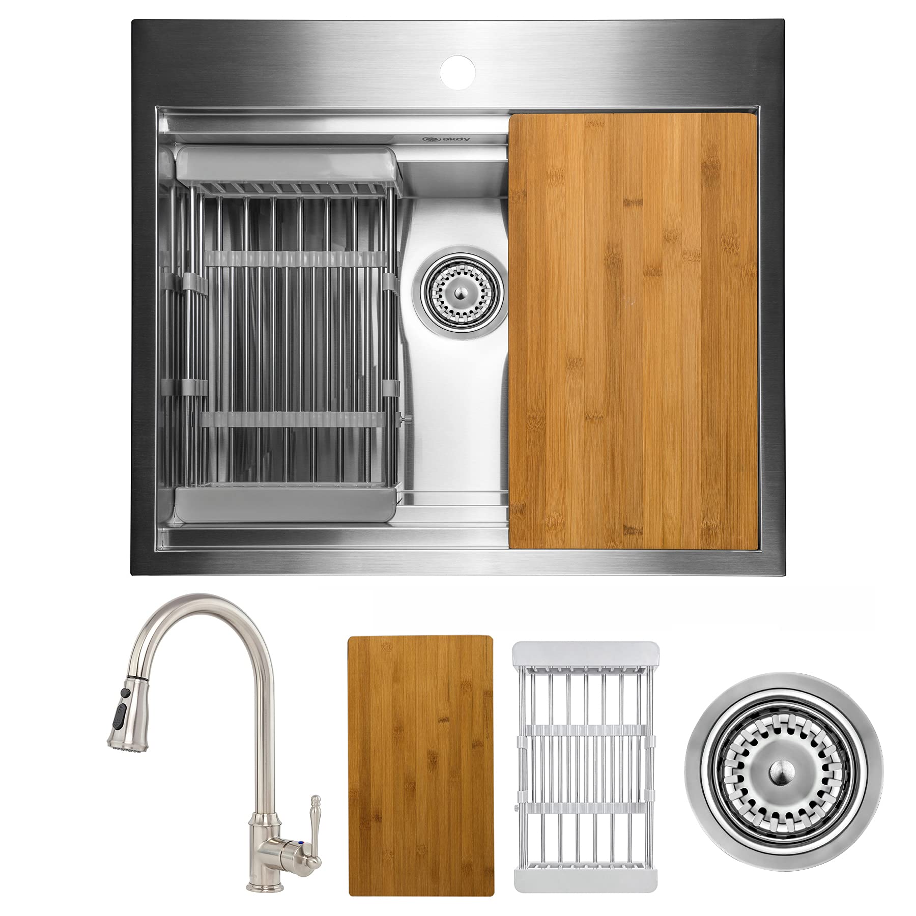 AKDY Kitchen Sink with Faucet Combo, 25-inch Drop-in Workstation Single Bowl Stainless Steel 25" x 22" x 9" with Pull-down Faucet & Sink Accessories