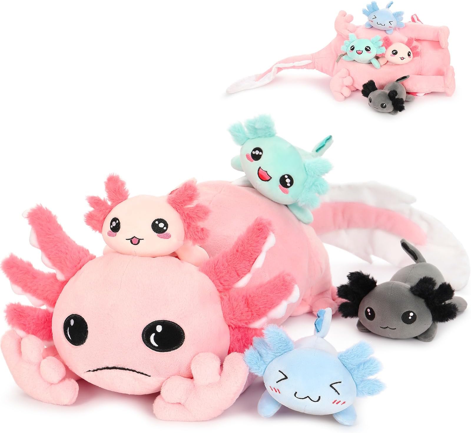 Tezituor Giant Axolotl Plush Stuffed Animal with 4 Babies, 31.5" Glow in the Dark Axolotl Pillow, Realistic Soft Salamander Plush Toy for Kids, Boys & Girls Birthday Gift