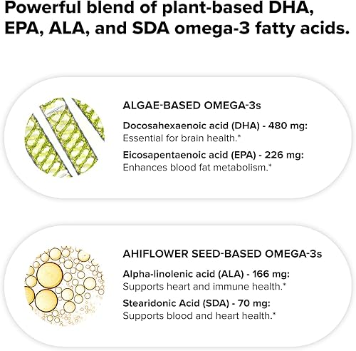 Miniatura 4 de Suplemento vegano Omega 3 - 960 mg de ácidos grasos omega-3, DHA, EPA, SDA, suplemento ALA - Apoyo inmunológico, 30 porciones, 60 cápsulas líquidas