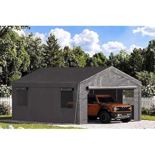 Aoxun Carport 12X20 ft Heavy Duty Carport with Roll-up Windows, Portable Garage Car Canopy with Removable Sidewalls & Doors for Car, Truck, SUV, Boat, Grey