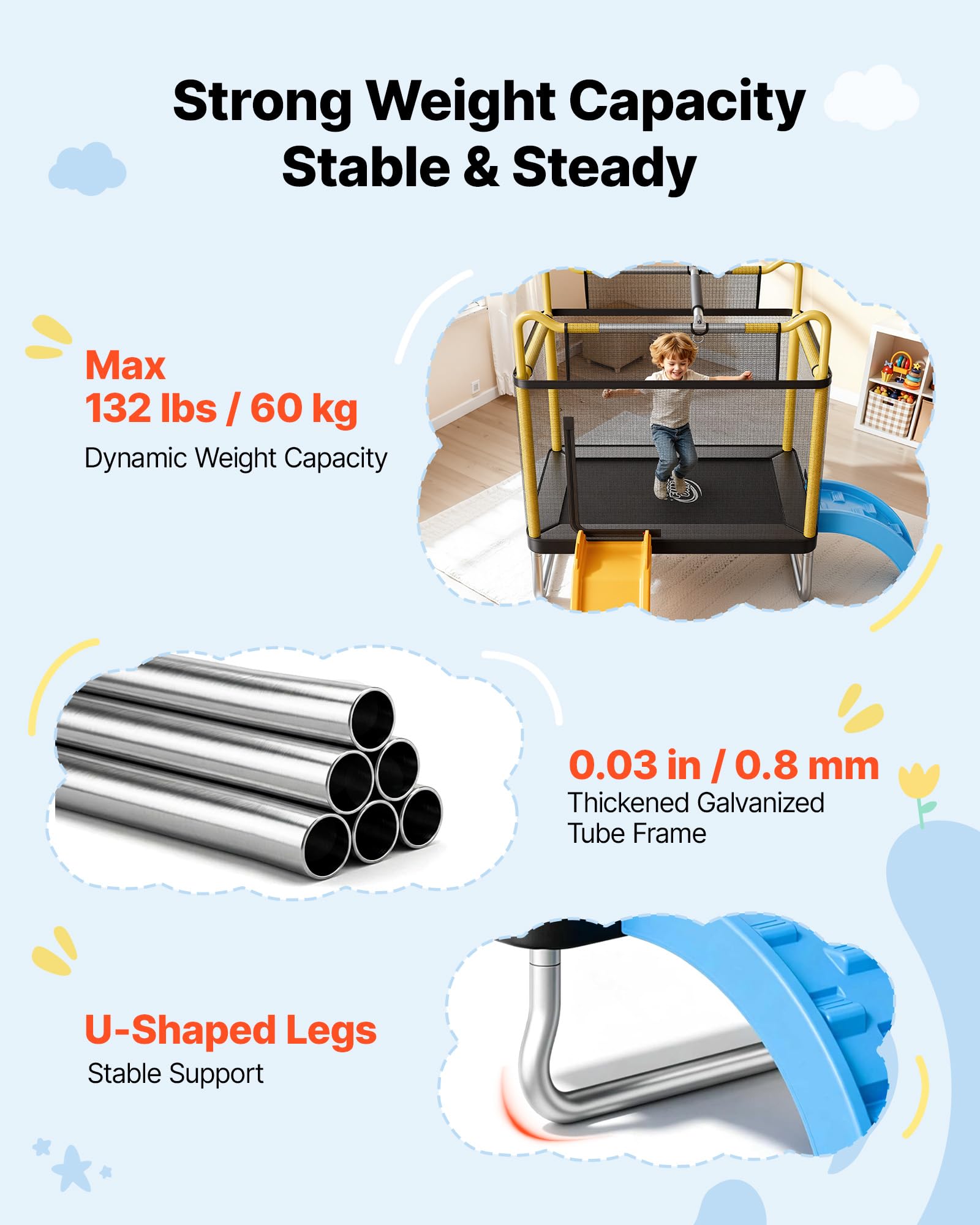 VEVOR Trampolín Infantil Cama Elástica para Niños Rectangular Carga 60 kg, con Red de Seguridad, Toboganes y Aro de Baloncesto, Marco de Tubos Galvanizados, Lona de Salto de PP, Regalo de Cumpleaños