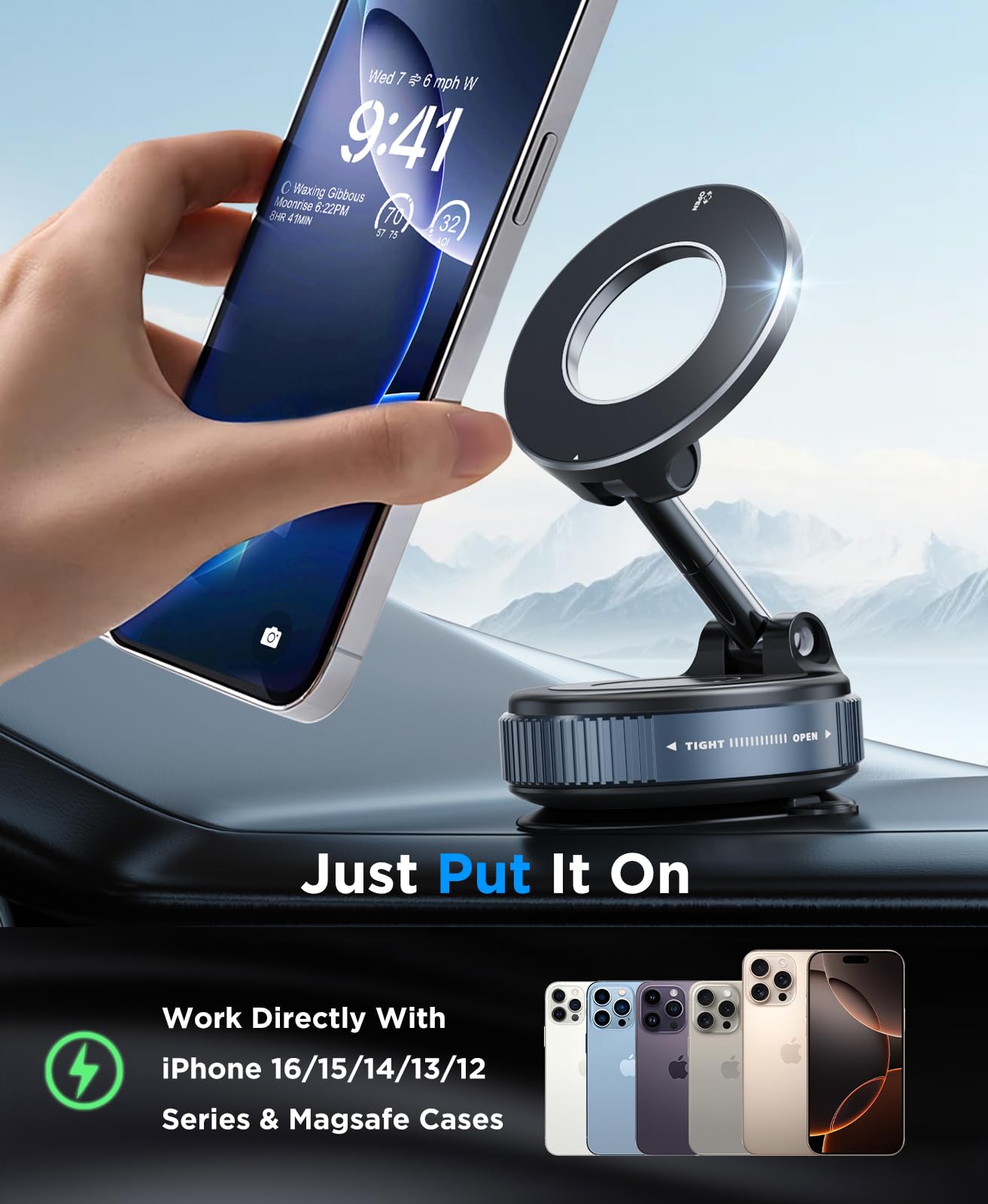 Beeasy Porta Cellulare Auto per Magsafe, [Rotazione a 360° & Ventosa Super Potente], Supporto Telefono Auto Magnetico per Cruscotto e Parabrezza, Porta Telefono Auto per iPhone 17 16 15 14 13 12, Nero