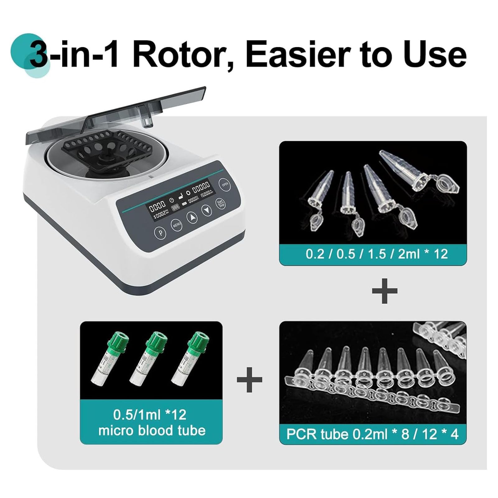 Máquina centrífuga digital, microcentrífuga de laboratorio de 10000 rpm, separación de suero por PCR, rotor 3 en 1 de 12 x 0,2/0,5/1,5/2 ml, para investigación científica