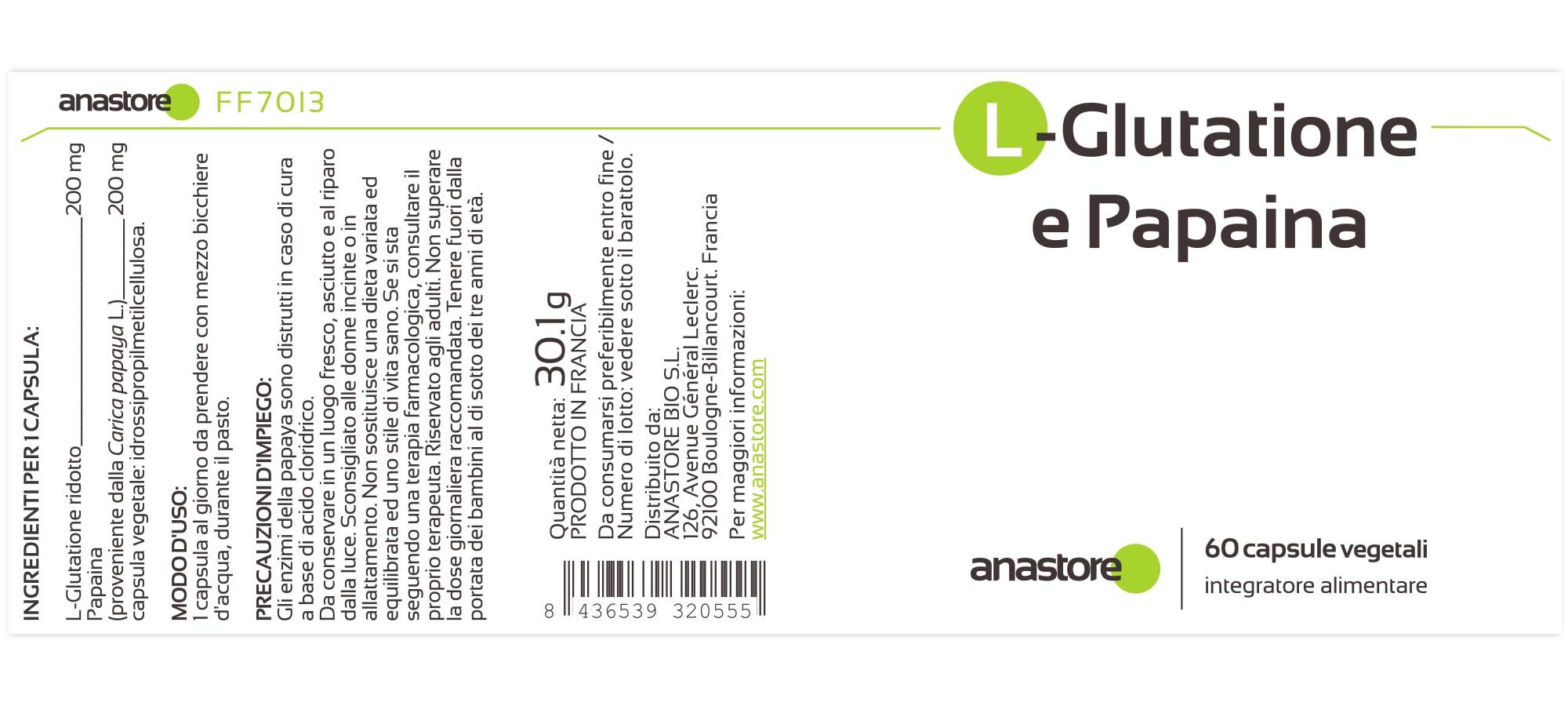 L - Glutathion e Papaya * 200 mg / 60 capsule * Dimagrante + diuretico + bruciagrassi * Sinergia di altissima qualità *