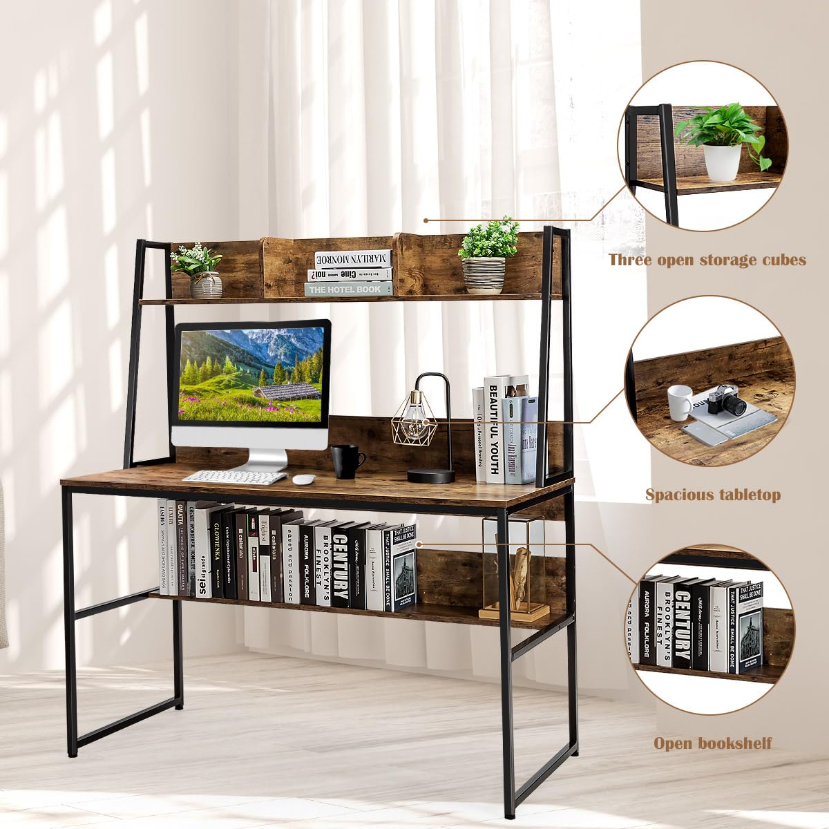 LIFEZEAL Scrivania con appoggio, scrivania per computer con ripiani, tavolo da lavoro multifunzione con libreria, tavoli da ufficio in legno, per studio e camera da letto, 120 x 57 x 140 cm (caffè)