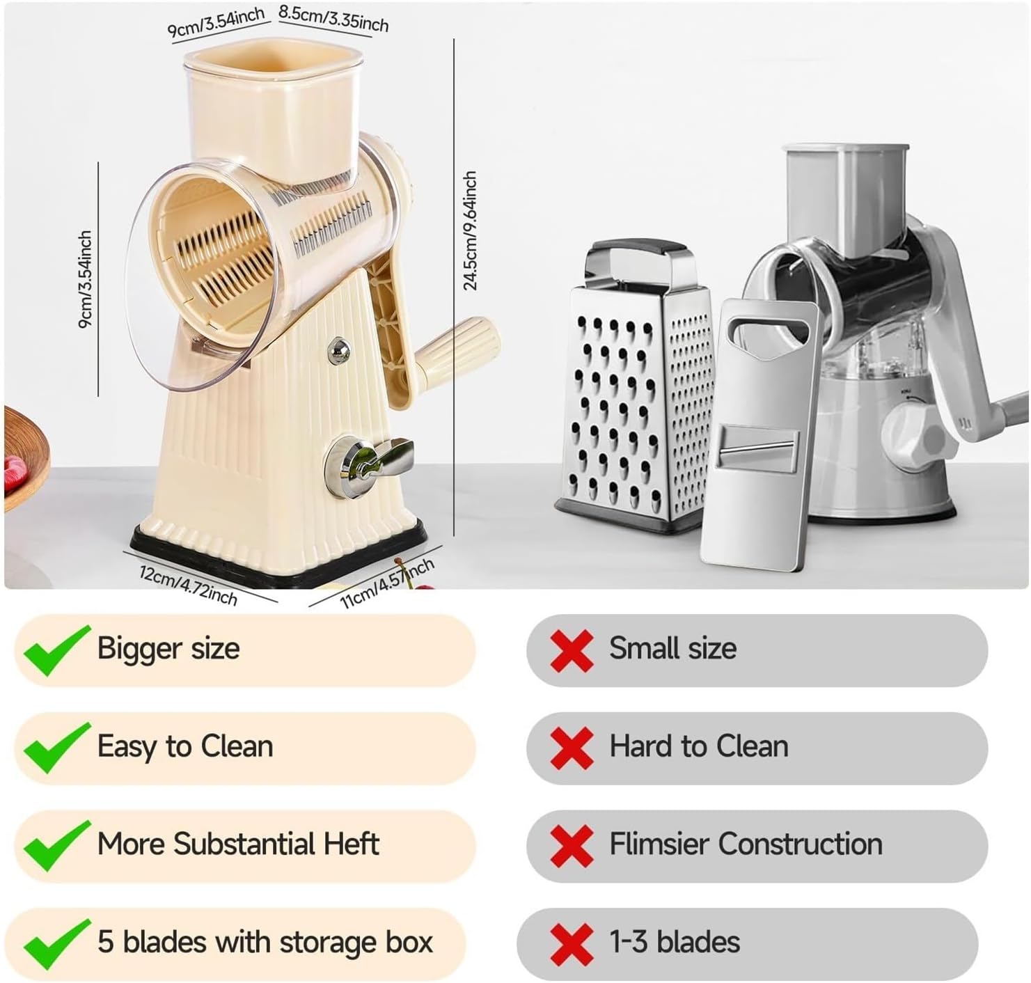5-in-1 Rotary Cheese Grater & Vegetable Shredder, Hand Crank Grater with Reinforced Suction Base, Kitchen Chopper for Ice, Fruits, Nuts – White, with Blade Storage Case(White)