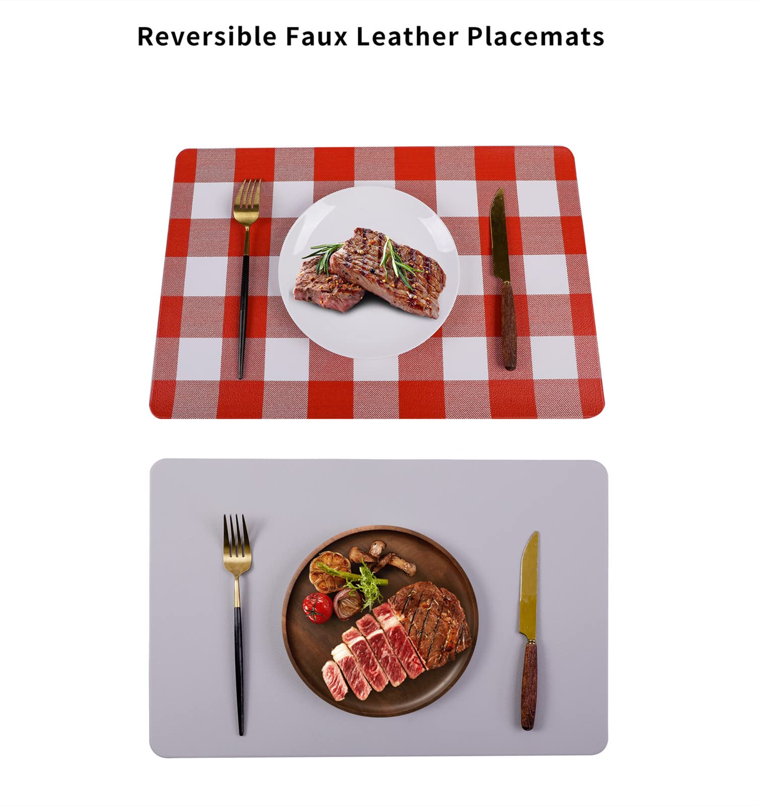 Faux Leather Placemats Indoor Set of 6 Wipeable Buffalo Check Place Mats Reversible Waterproof Eco-Friendly Table Mats Patio Placemats Heat Resistant Anti Oil Washable Decorate for Dining Table