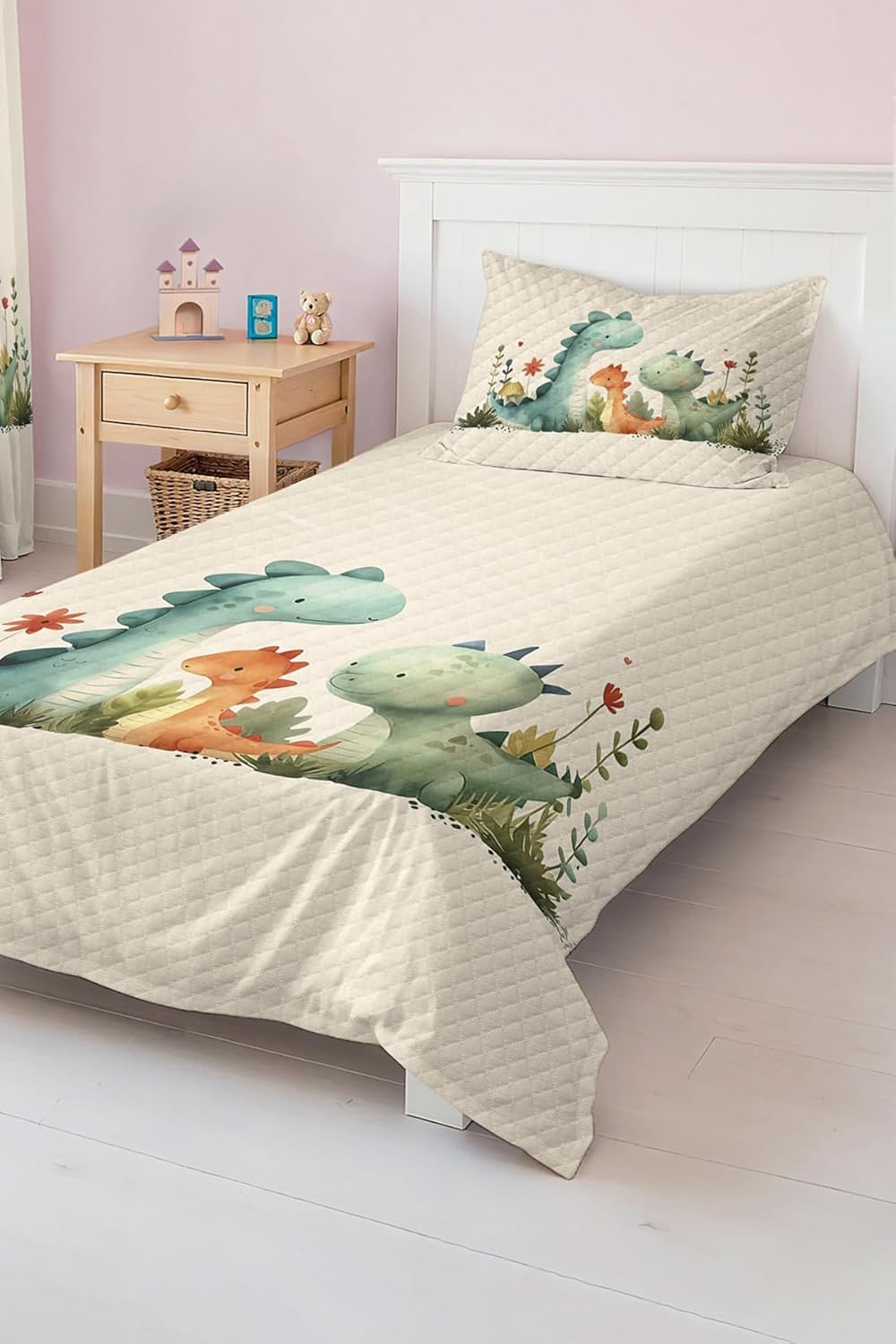 SODEF Bedding Set Kids Room Dinosaur Patterned Lightweight Quilt Set, Breathable Cotton Polyester Blend, Includes Quilt and Pillowcase, Twin Size - Multicolor, One Size