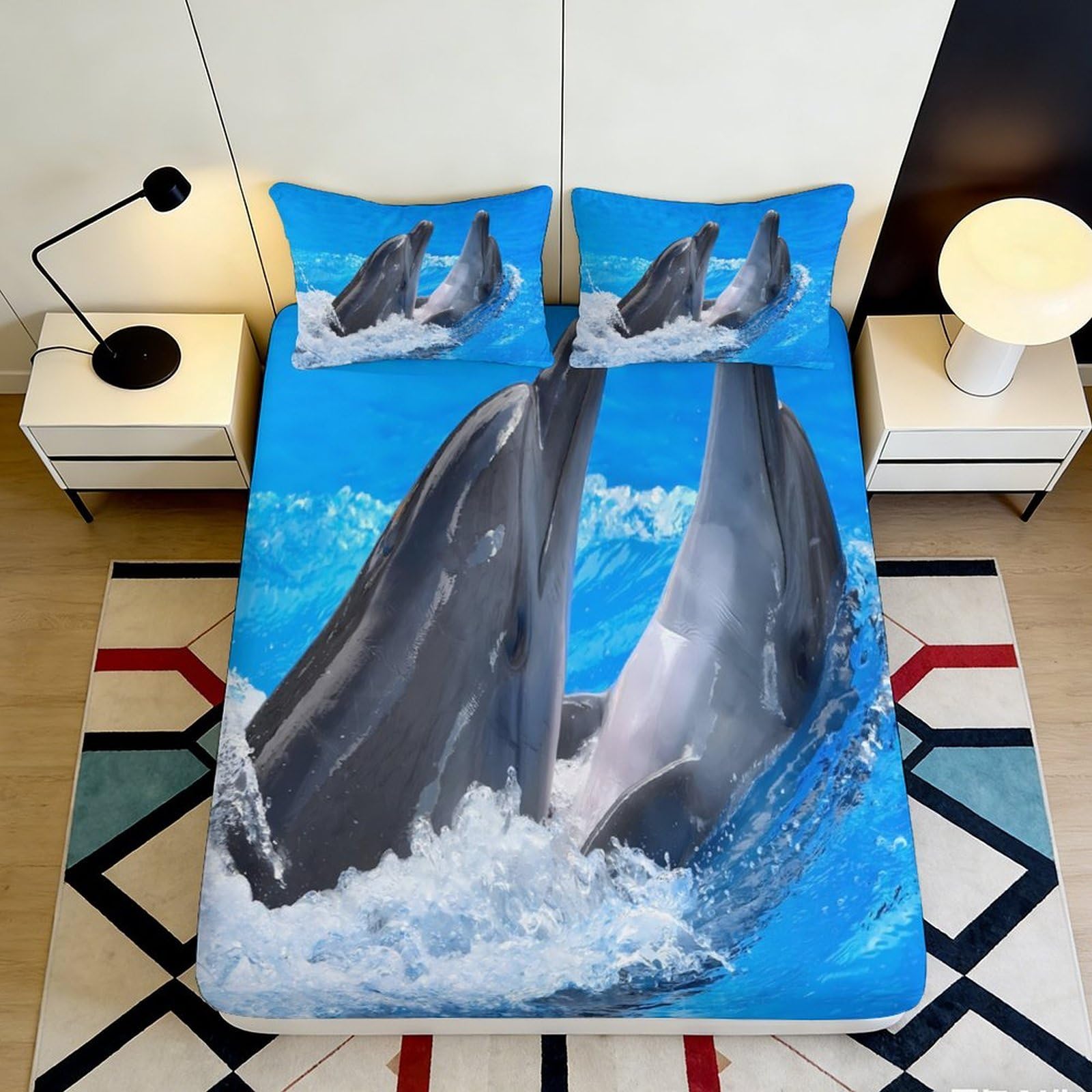 3D Printed Dolphin Ocean Fitted Sheet Microfiber Anti-Slip Bed Cover for Bedroom Guest Room Decor Easy Care 90x200x25cm
