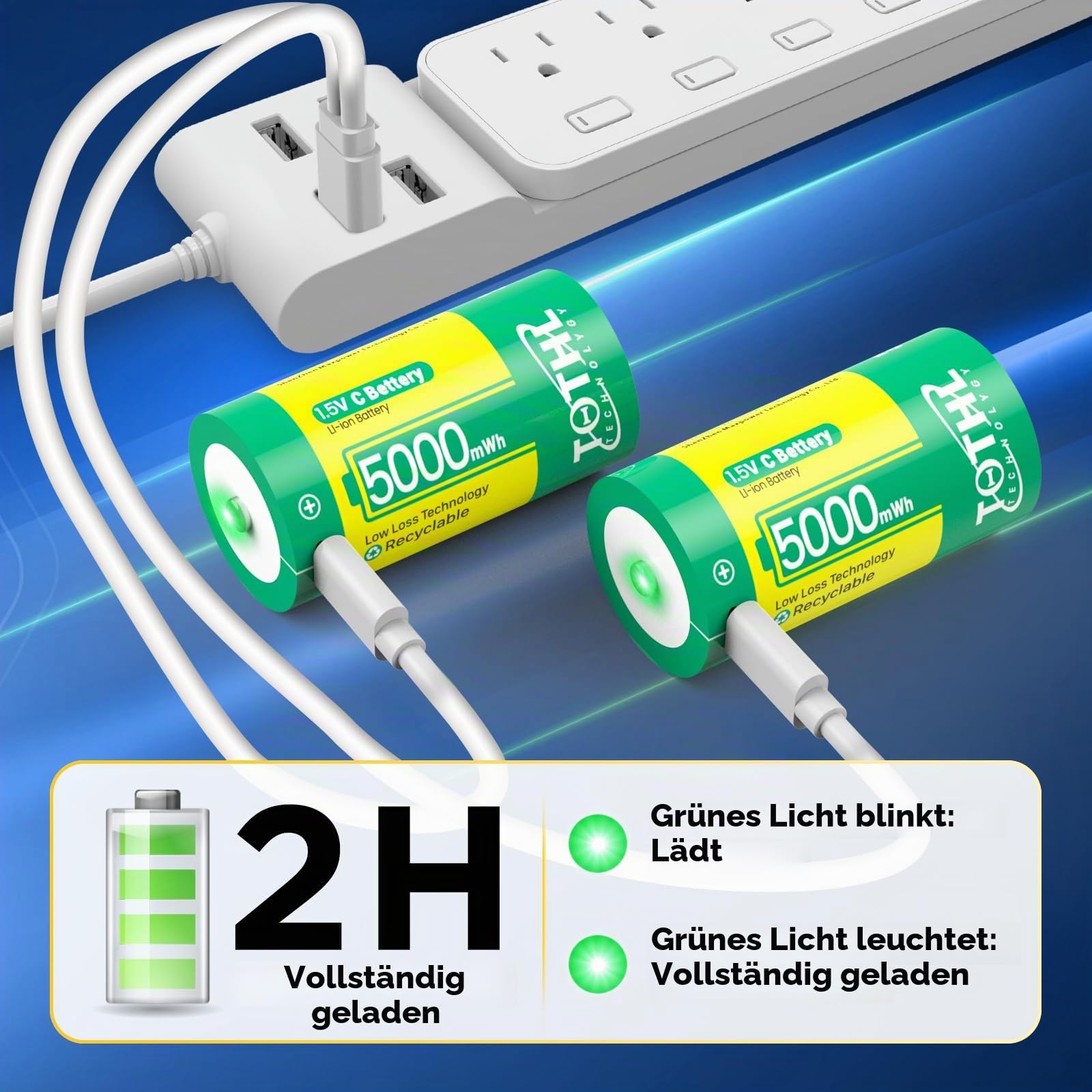 【8 Stück】 Aufladbare Baby C Akku USB 2 in 1 Lithium C Batterien Ladekabel, C Cell Li-ion Battries, LR14 1.5V C Size Cell Battery Replacement 5000mWh für Flutlicht Spielzeug